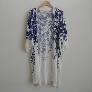 Knitted & Knotted linen cotton knit open front long cardigan white blue Medium
